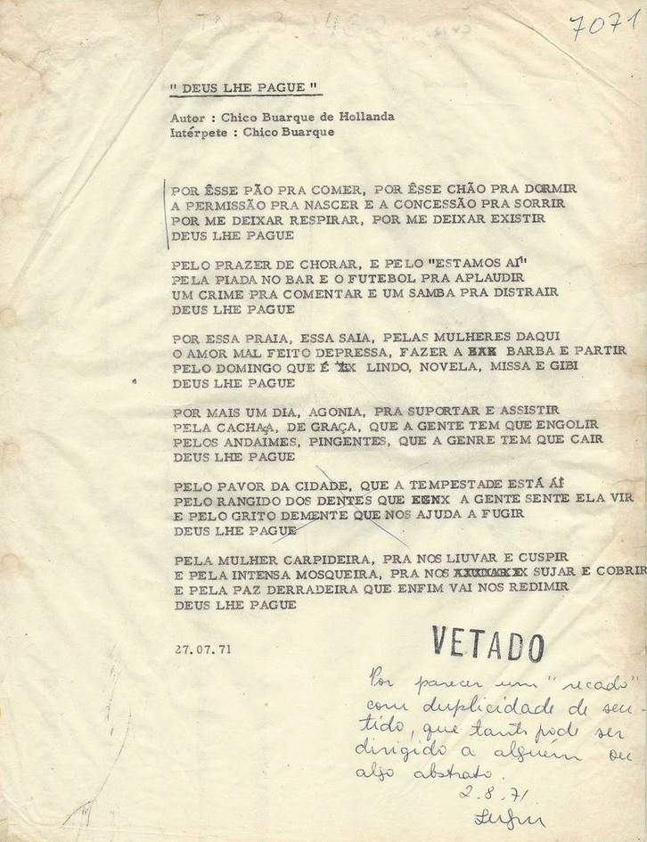 Letra da música Deus lhe Pague, de Chico Buarque, censurada em agosto de  1971