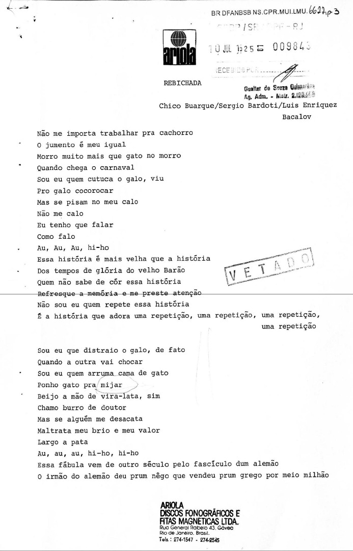 Letra da música Rebichada, de Chico Buarque, submetida ao serviço de censura federal em julho de 1981 e vetada por conter a palavra “mijar”
