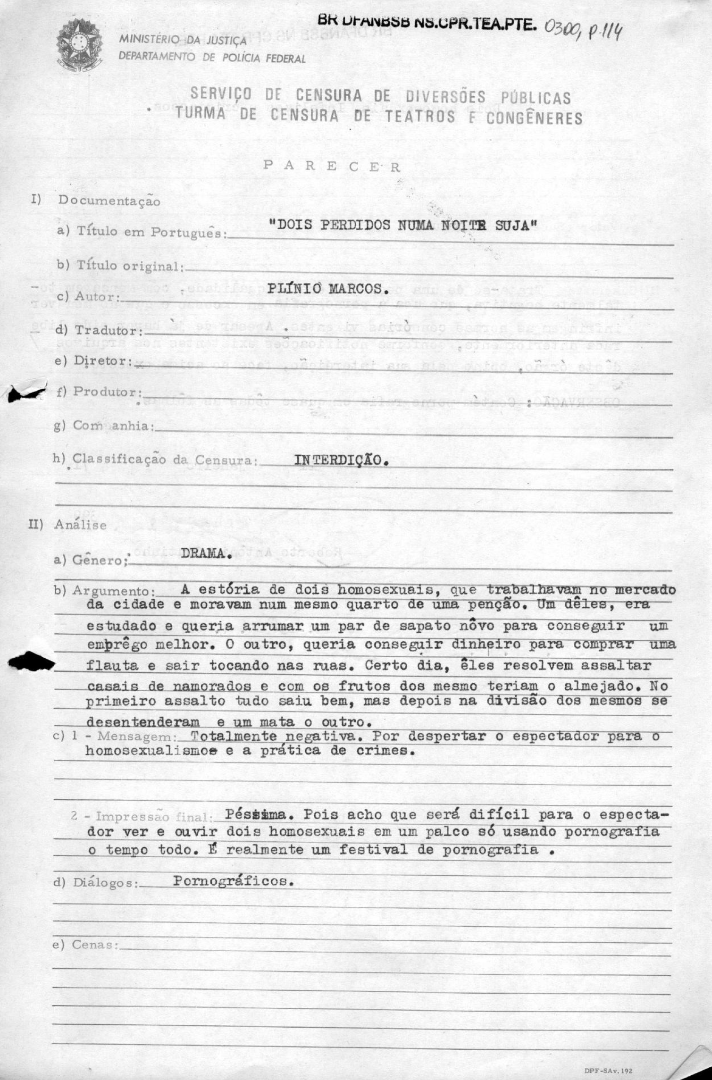 Parecer censório de janeiro de 1971 recomendando a proibição da peça "Dois perdidos numa noite suja", de Plínio Marcos