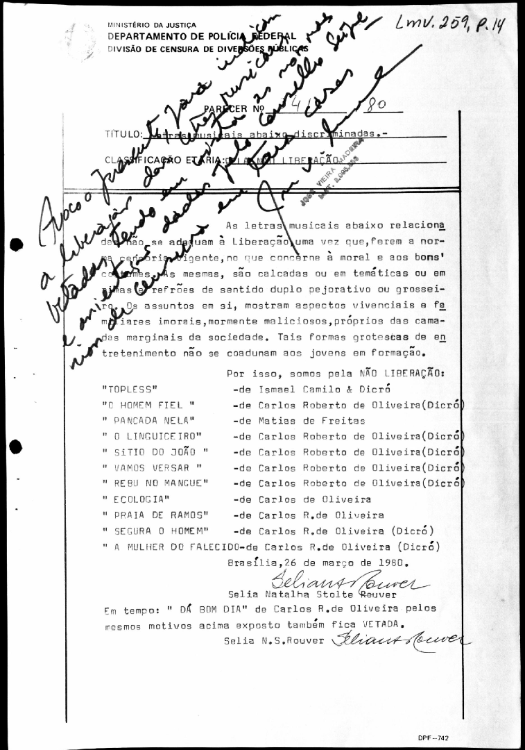 Parecer censório de março de 1980 pedindo a proibição de várias músicas do sambista Dicró