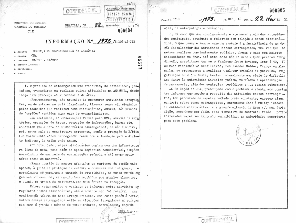 Em novembro de 1974, relatório confidencial do Comando Militar da Amazônia (CMA) reconhece o estímulo conferido pela ditadura à implantação de missionários estrangeiros em comunidades indígenas .png