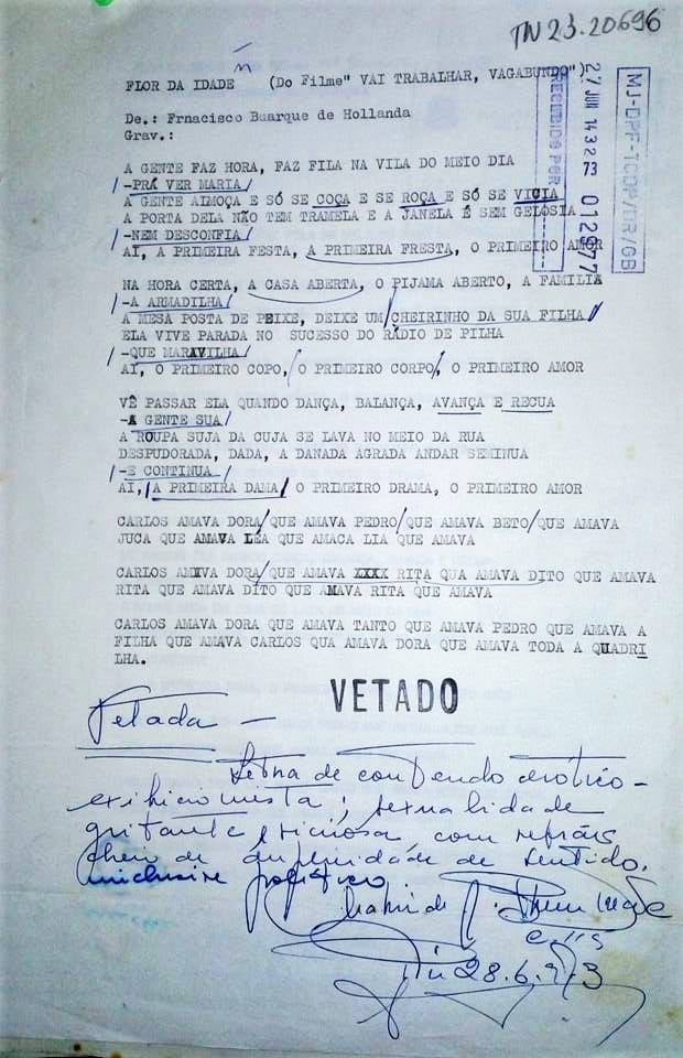 Letra da canção “Flor da Idade”, de Chico Buarque, censurada em junho de 1973
