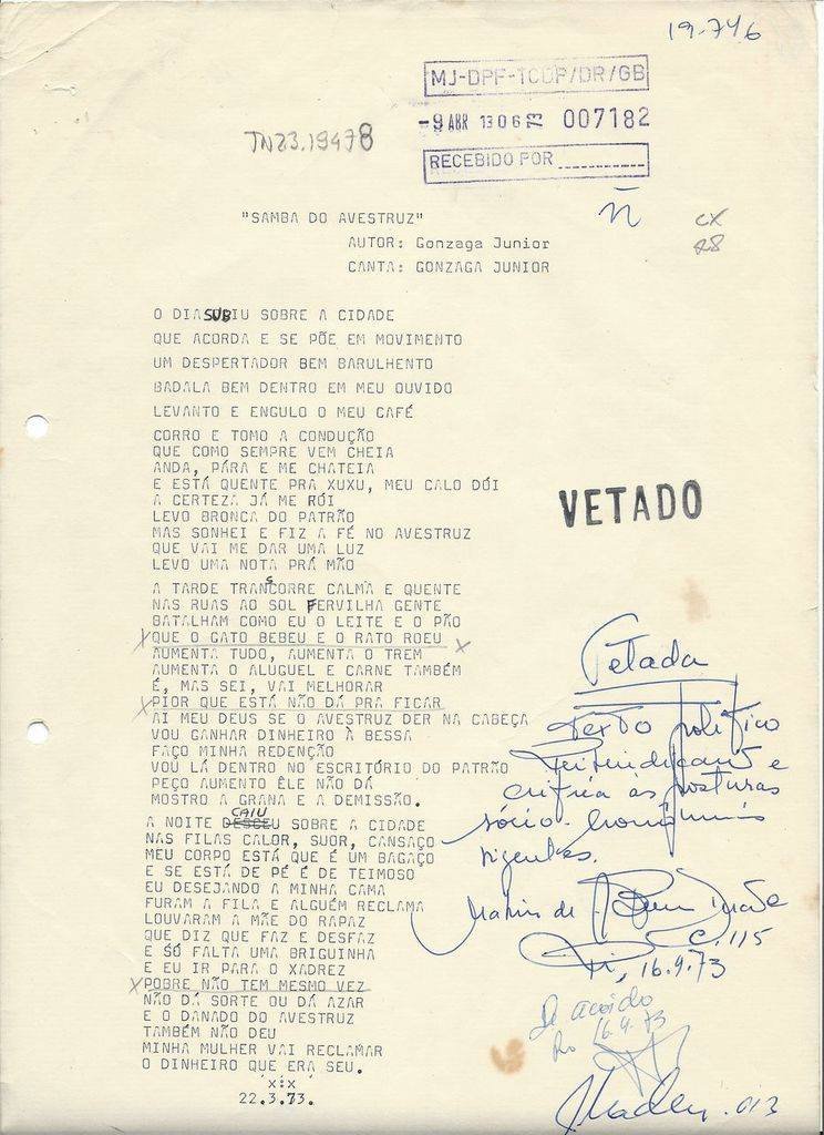 Letra "Samba do Avestruz", de Gonzaguinha, censurada em 1973