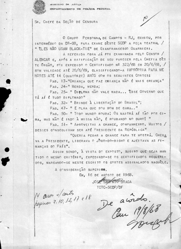 Parecer censório de agosto de 1968 exigindo vários cortes da peça “Eles não usam Black-tie”, de Gianfrancesco Guarnieri