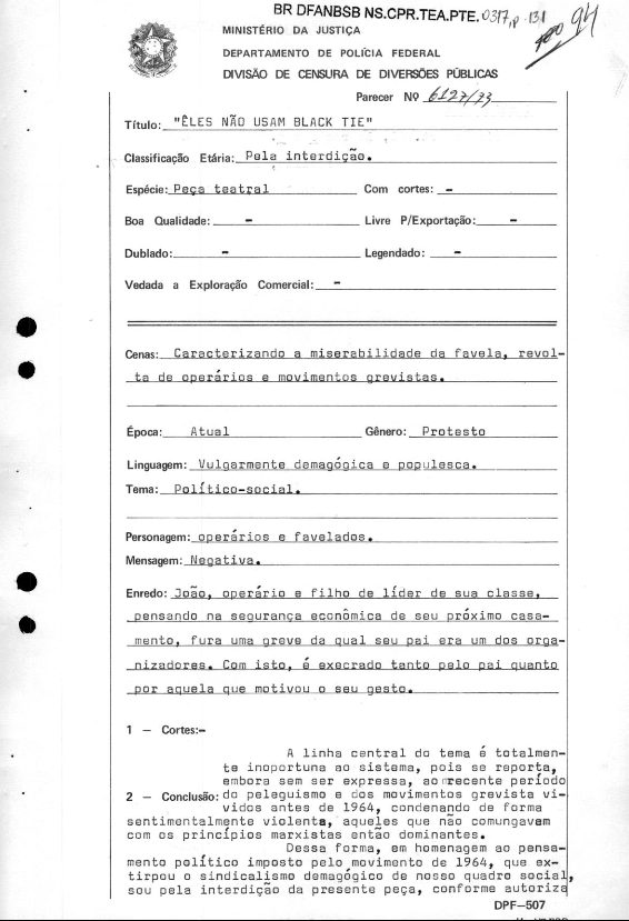 Parecer censório de agosto de 1973 favorável à proibição da peça "Eles não usam black-tie", de Gianfrancesco Guarnieri