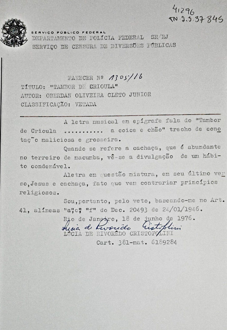 Parecer censório do Serviço de Censura de Diversões Públicas recomendando o veto da canção “Tambor de Crioula” de Oberdan Oliveira Cleto Junior