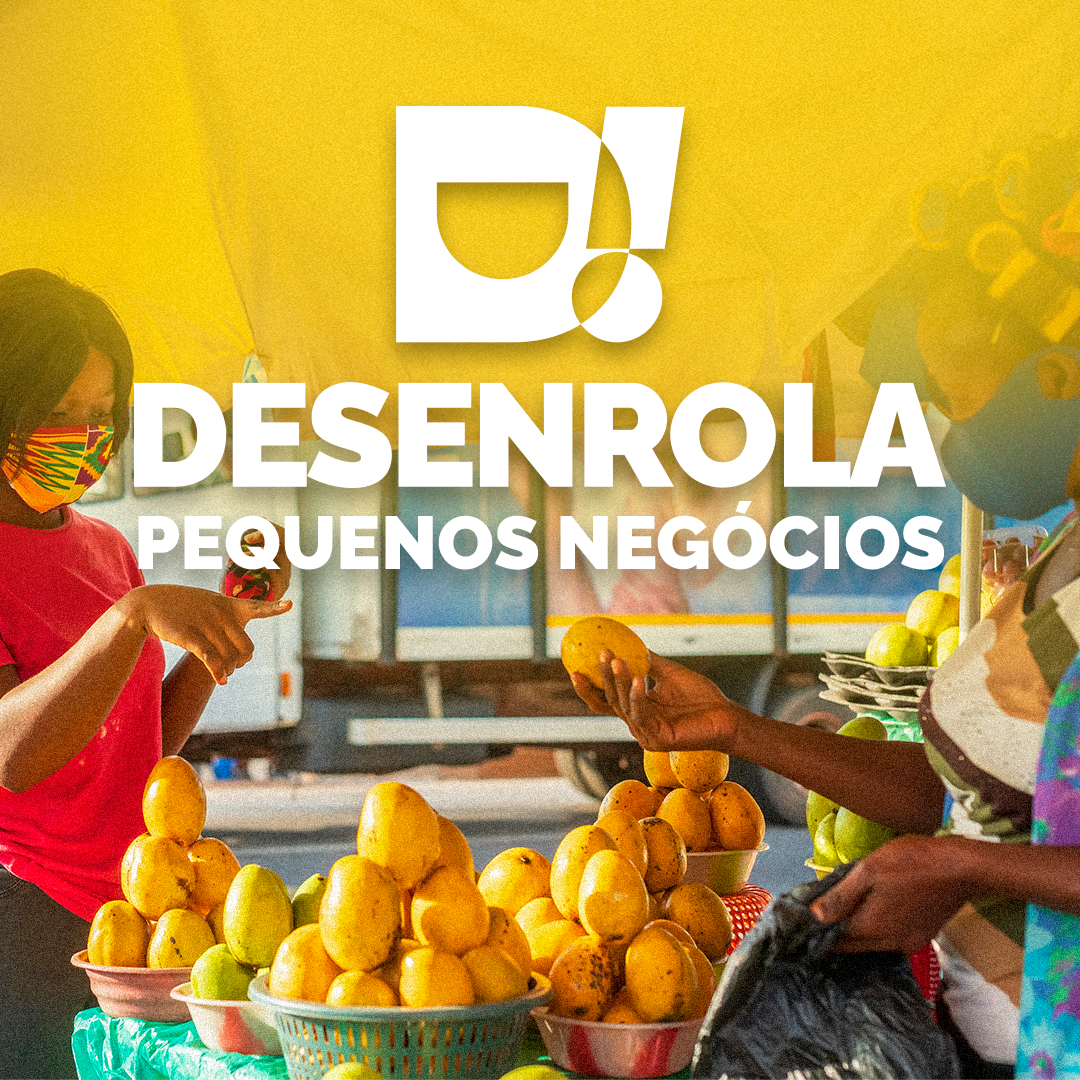 Mulheres de mascara na feira comprando frutas e frase em cima desenrola Pequenos negócios
