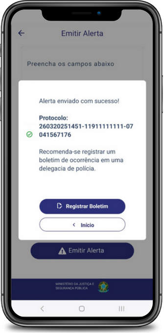 Tela do celular apresentando o Número de protocolo que é gerado após o envio do alerta