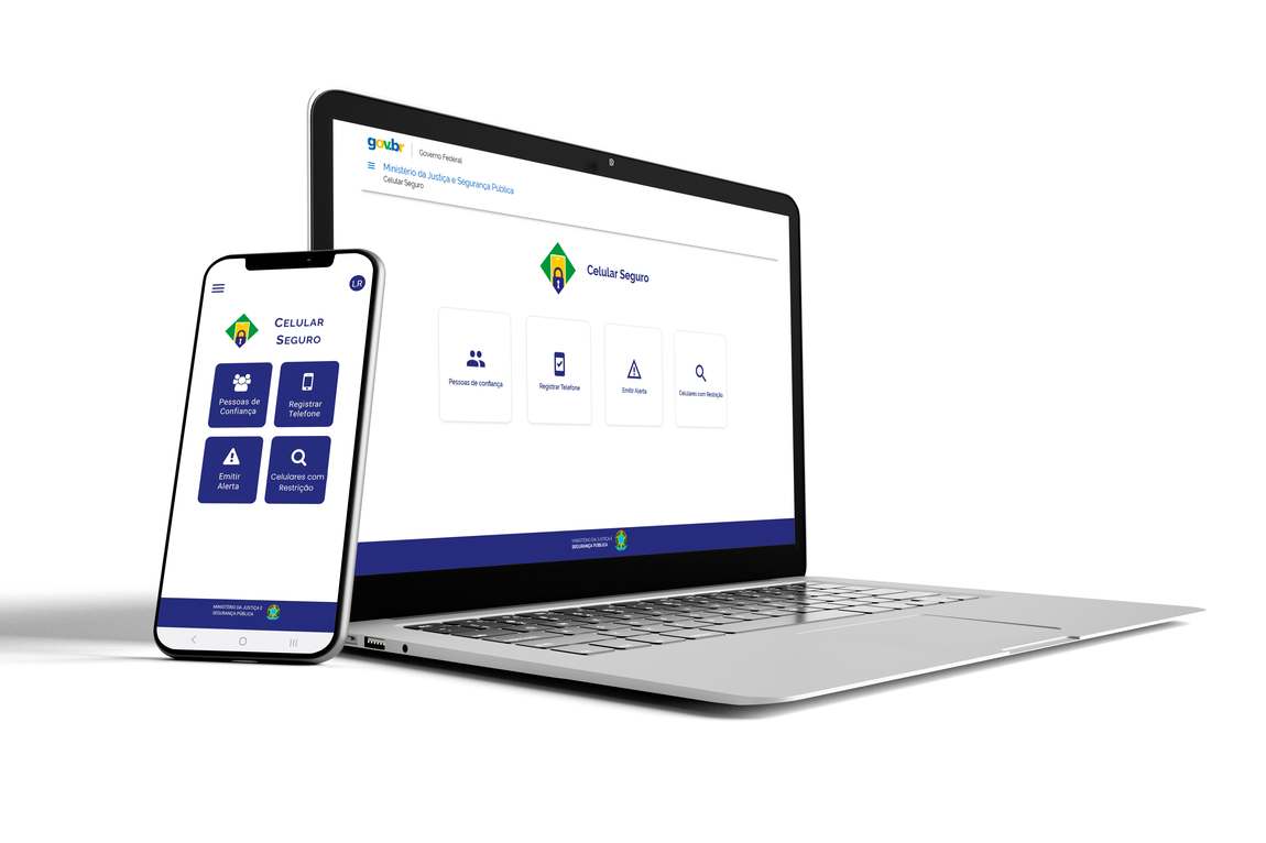 Telefone mostrando a tela inicial do app e da versão web do Celular Seguro