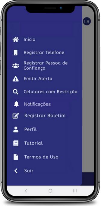 Tela do celular mostrando o menu lateral