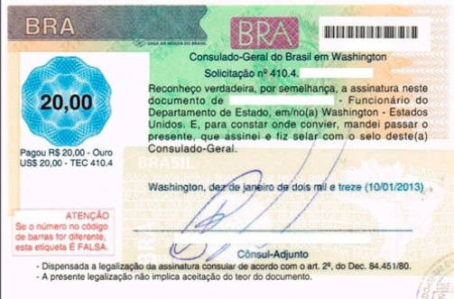 Etiqueta de legalização Consular Brasileira