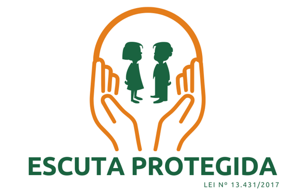 Imagem da logo da Escuta Protegida. Duas mãos acolhendo um menino e uma menina.