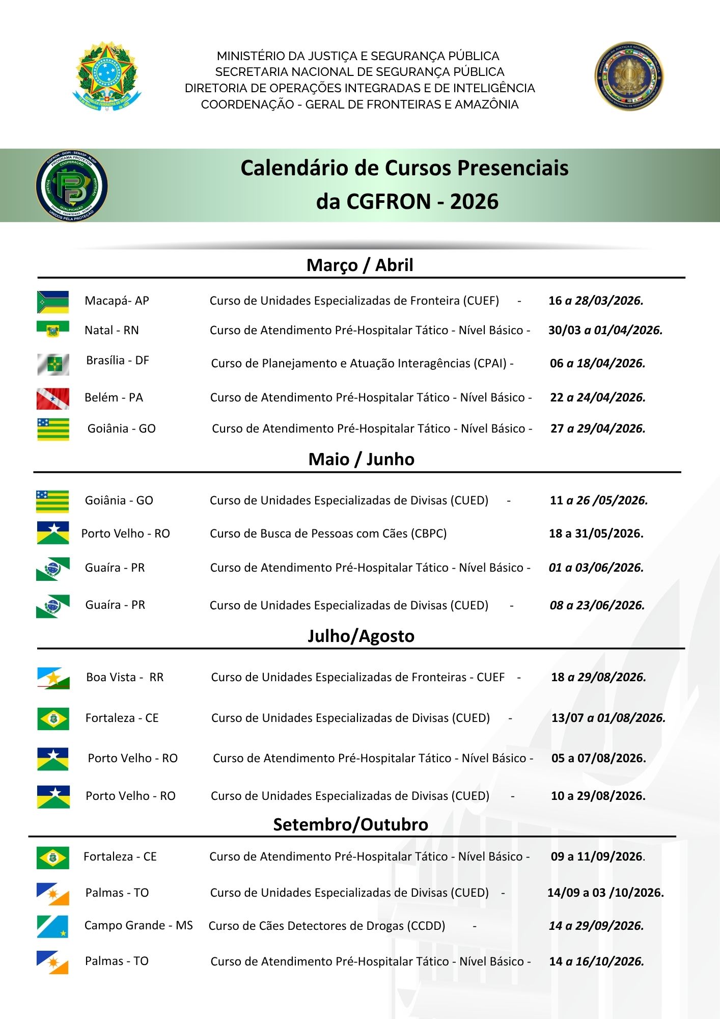 Calendário de Cursos CGFRON