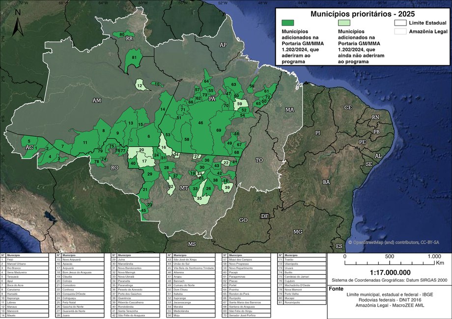 Mapa com os 81 municípios prioritários