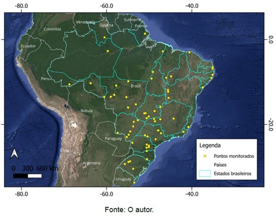 Figura 1 - Mapa de localização dos 63 pontos de monitoramento de agrotóxicos no Brasil atualmente em operação através desse projeto.