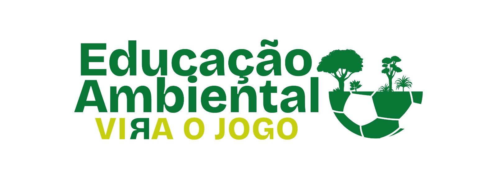 Logotipo de campanha em fundo branco com o texto "Educação Ambiental VIRA O JOGO". As palavras "Educação Ambiental" estão em verde escuro e, abaixo, "VIRA O JOGO" está em verde-limão, com a palavra "VIRA" escrita