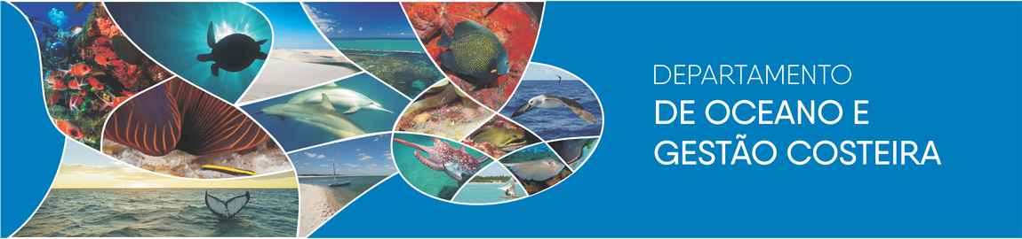 A imagem é um banner institucional do Departamento de Oceano e Gestão Costeira. Ela tem um fundo azul escuro do lado direito, onde está o nome do departamento escrito em letras brancas, com destaque para as palavras “DE OCEANO E GESTÃO COSTEIRA” em negrito.  À esquerda, há um mosaico de fotos em forma de pétalas ou conchas do mar, com imagens que representam a biodiversidade marinha e costeira. Entre essas imagens, estão:  Recifes de corais coloridos com peixes tropicais,  Uma tartaruga marinha nadando debaixo d’água,  Um golfinho saltando,  Um tubarão em águas rasas,  Um peixe-anjo em recifes,  Uma raia,  Um polvo,  Uma praia com areia branca e água cristalina,  Um veleiro no mar,  Uma cauda de baleia emergindo da água ao pôr do sol.  Essas imagens simbolizam a vida marinha, os ecossistemas costeiros e a importância da conservação do oceano. A composição reforça a missão do departamento de estudar e proteger os ambientes oceânicos e costeiros.