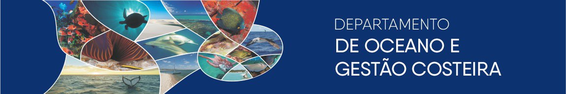 A imagem é um banner institucional do Departamento de Oceano e Gestão Costeira. Ela tem um fundo azul escuro do lado direito, onde está o nome do departamento escrito em letras brancas, com destaque para as palavras “DE OCEANO E GESTÃO COSTEIRA” em negrito.  À esquerda, há um mosaico de fotos em forma de pétalas ou conchas do mar, com imagens que representam a biodiversidade marinha e costeira. Entre essas imagens, estão:  Recifes de corais coloridos com peixes tropicais,  Uma tartaruga marinha nadando debaixo d’água,  Um golfinho saltando,  Um tubarão em águas rasas,  Um peixe-anjo em recifes,  Uma raia,  Um polvo,  Uma praia com areia branca e água cristalina,  Um veleiro no mar,  Uma cauda de baleia emergindo da água ao pôr do sol.  Essas imagens simbolizam a vida marinha, os ecossistemas costeiros e a importância da conservação do oceano. A composição reforça a missão do departamento de estudar e proteger os ambientes oceânicos e costeiros.