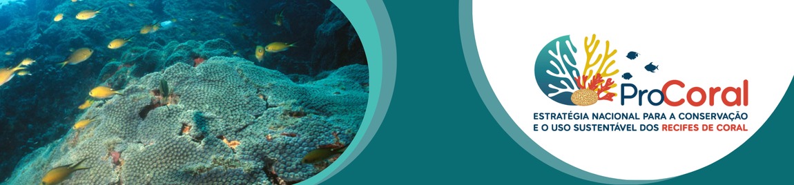 Imagem de corais com peixinhos amarelos e logo da ProCoral