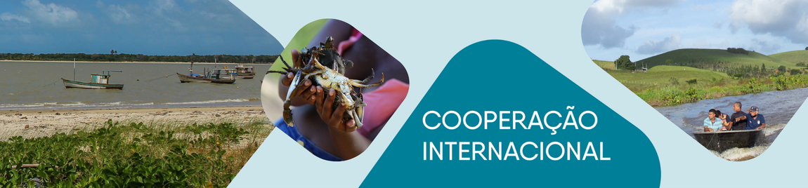Banner da cooperação internacional  ontem uma foto de praia com barcos de pesca,  uma mao com caranguejo e  rio com barco