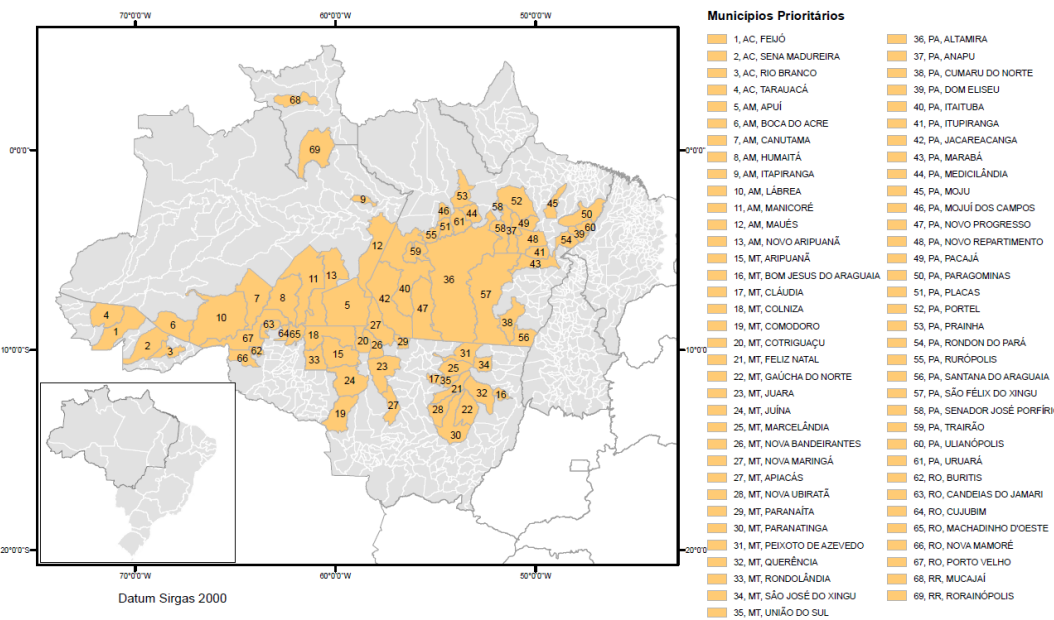 Municípios prioritários no programa União com municípios pela redução do desmatamento e de incêndios florestais na Amazônia