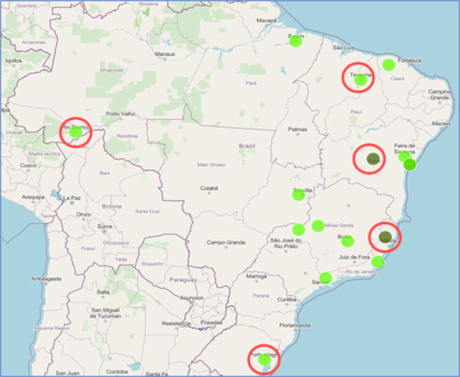 Mapa dos municípios e estados que se candidataram ao AcoplaRE, com destaque para os municípios selecionados pelo projeto.