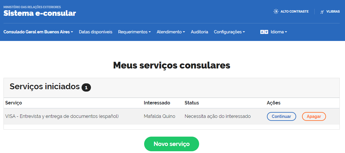 Imagem mostra a página do sistema e-consular onde se encontram as solicitações do interessado.