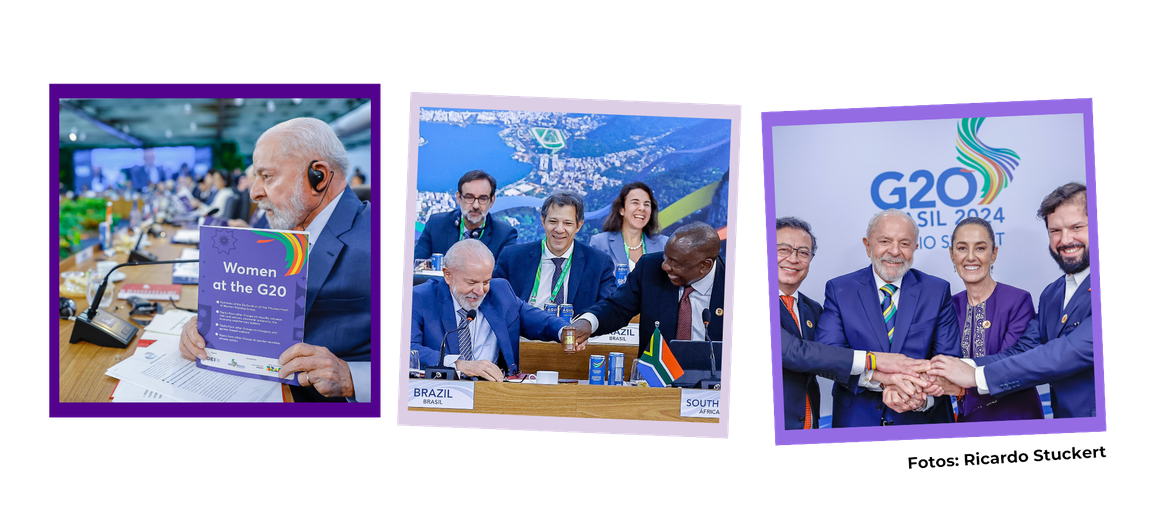 Imagem com mosaico de fotos de Ricardo Stuckert referentes à reunião de Líderes. Mostram o presidente da República, Luiz Inácio Lula da Silva, com outros chefes de estado no contexto da Cúpula.