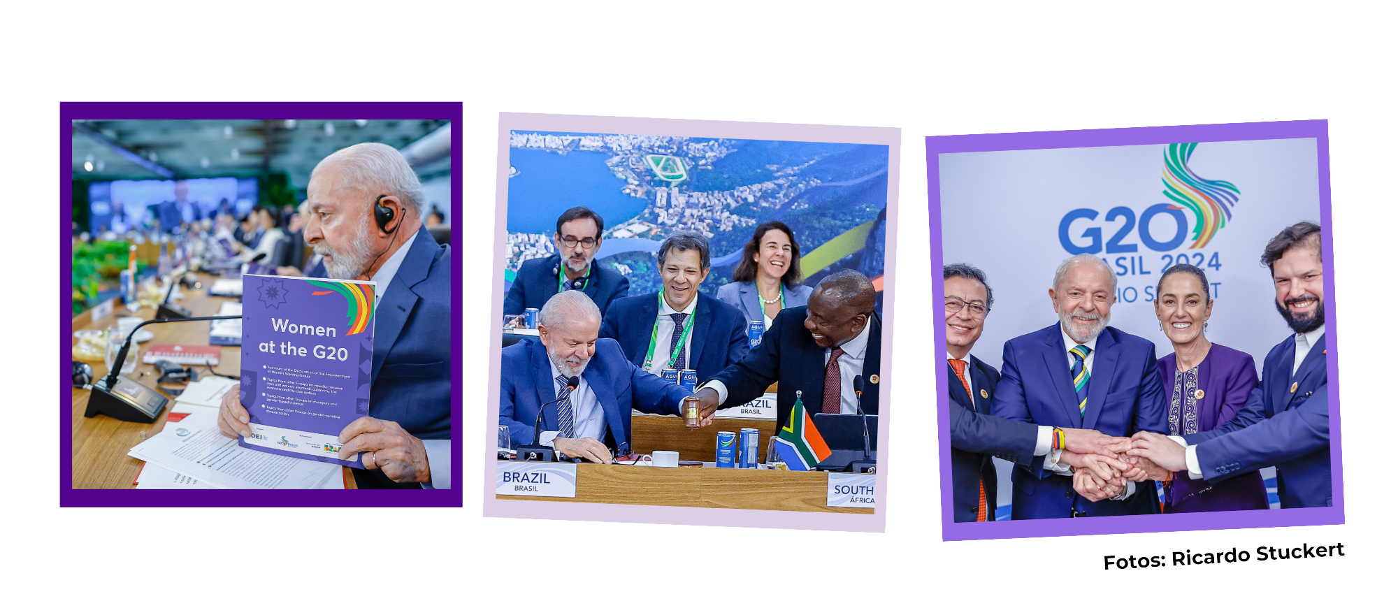 Imagem com mosaico de fotos de Ricardo Stuckert referentes à reunião de Líderes. Mostram o presidente da República, Luiz Inácio Lula da Silva, com outros chefes de estado no contexto da Cúpula.