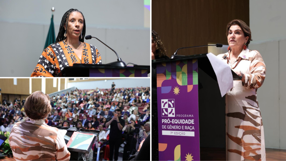 Ministras Márcia Lopes (Mulheres) e Raquel Barros (Igualdade Racial) discursam no evento.