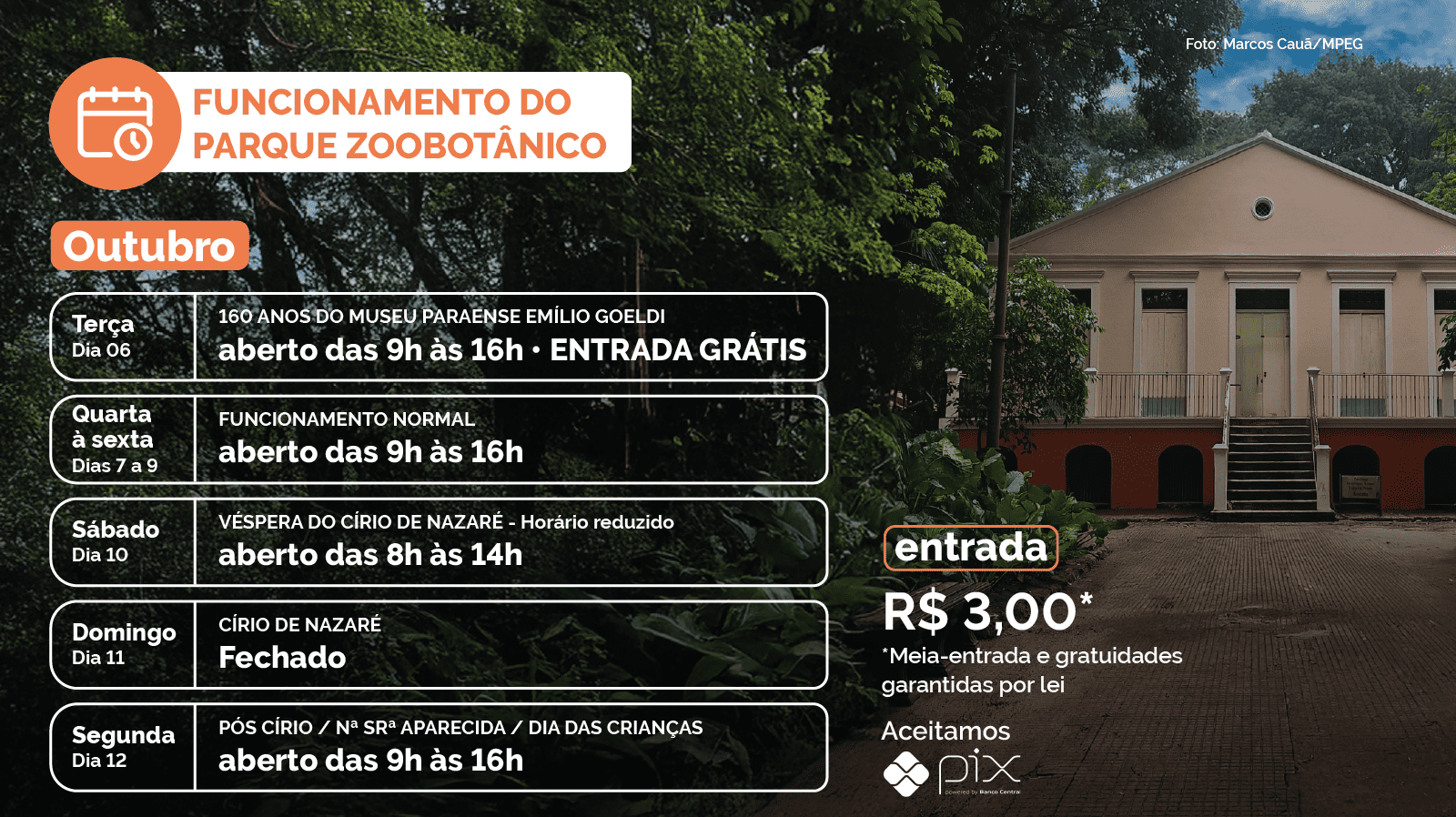 funcionamento do parque em outubro: dia 06, de 9h às 16h; dia 10, 8h às 14h; dia 11, fechado.