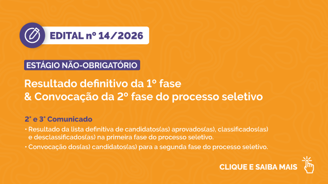 banner laranja com informativos em branco sobre o edital de nº14/2026