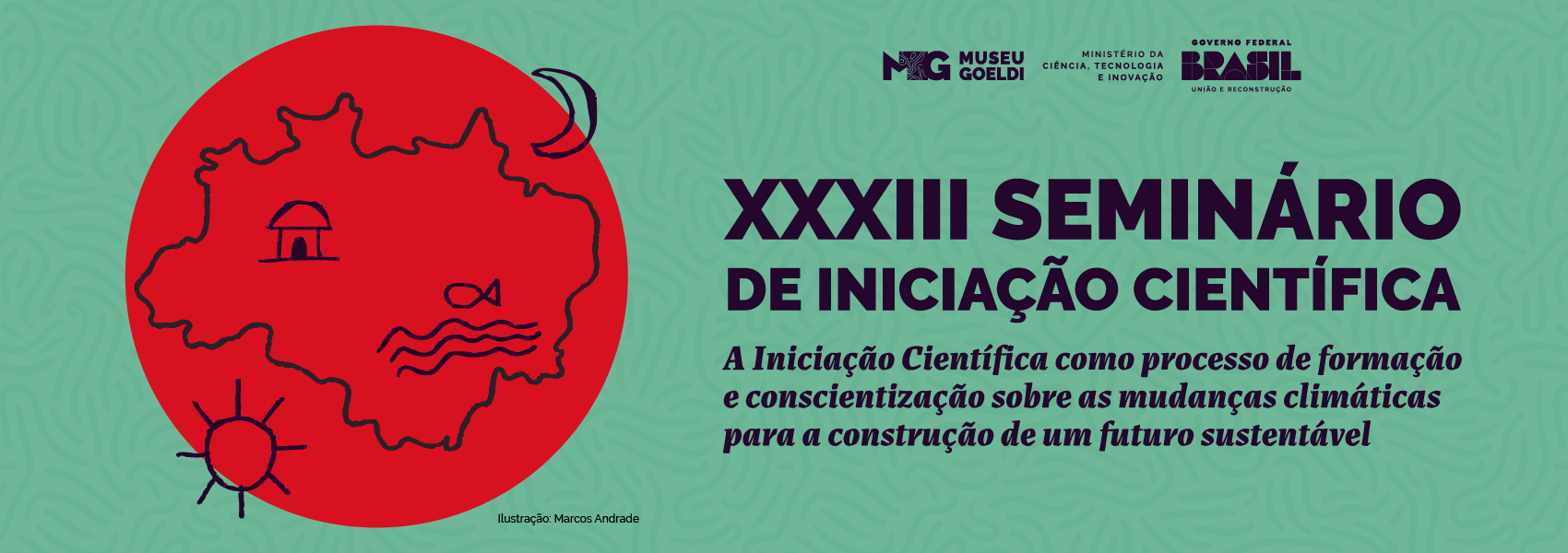 Banner do trigésimo terceiro seminário PIBIC com ilustração de Marcos Andrade