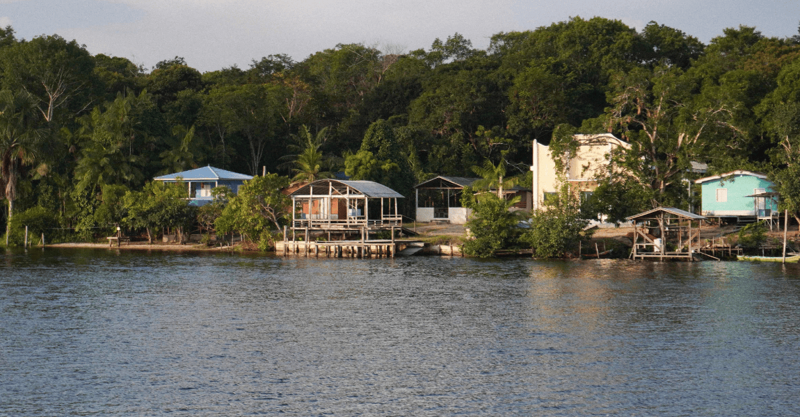 paisagem amazônica formada por rio e casas em palafita tendo a floresta  ao fundo