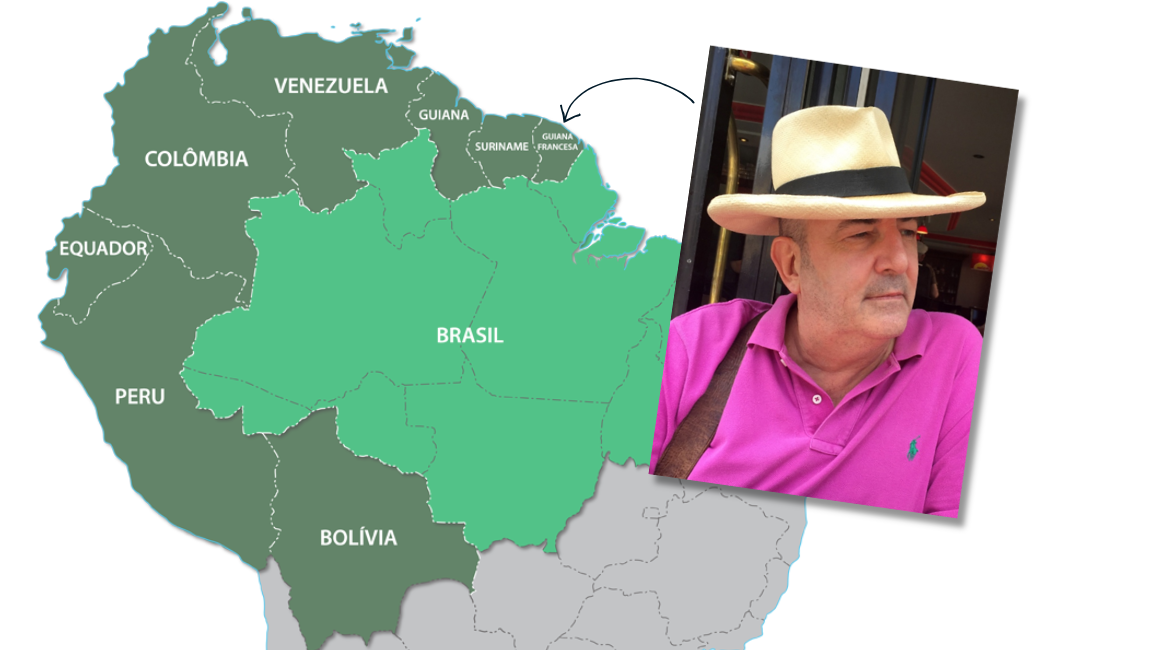 Homem branco de chapéu de palha e camisa rosa aparece em foto recortada na frente de um mapa da pan-amazônia