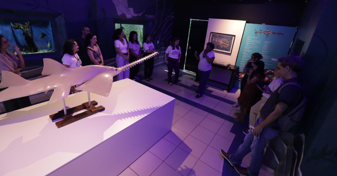Pessoas ao redor de uma escultura de peixe num aquário assistem a uma mulher que fala no microfone