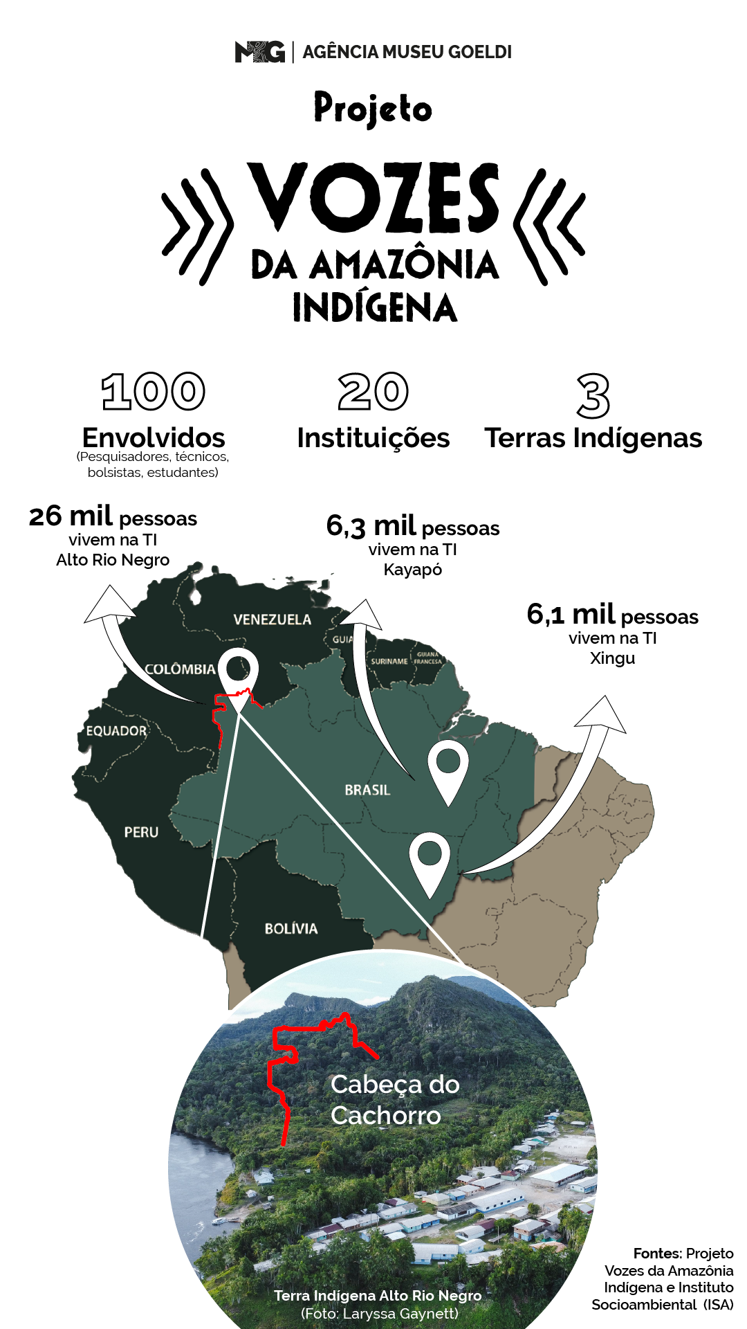 Infográfico com dados do projeto Vozes, mapa e foto com destaque para a terra indígena alto rio negr