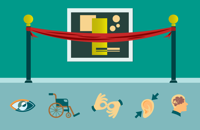 Imagem criada com ícones que remetem à acessibilidade em museus