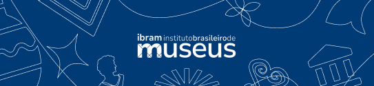 Banner horizontal azul-escuro com o logotipo “Ibram Instituto Brasileiro de Museus” em branco ao centro, cercado por ilustrações lineares de elementos relacionados a museus e patrimônio cultural.