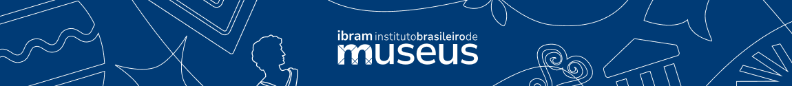 Banner horizontal azul-escuro com o logotipo “Ibram Instituto Brasileiro de Museus” em branco ao centro, cercado por ilustrações lineares de elementos relacionados a museus e patrimônio cultural.