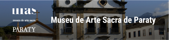 Banner do Museu de Arte Sacra de Paraty, com imagem da fachada de uma igreja histórica ao centro, o logotipo “Museu de Arte Sacra Paraty” à esquerda e o texto “Museu de Arte Sacra de Paraty” em destaque.