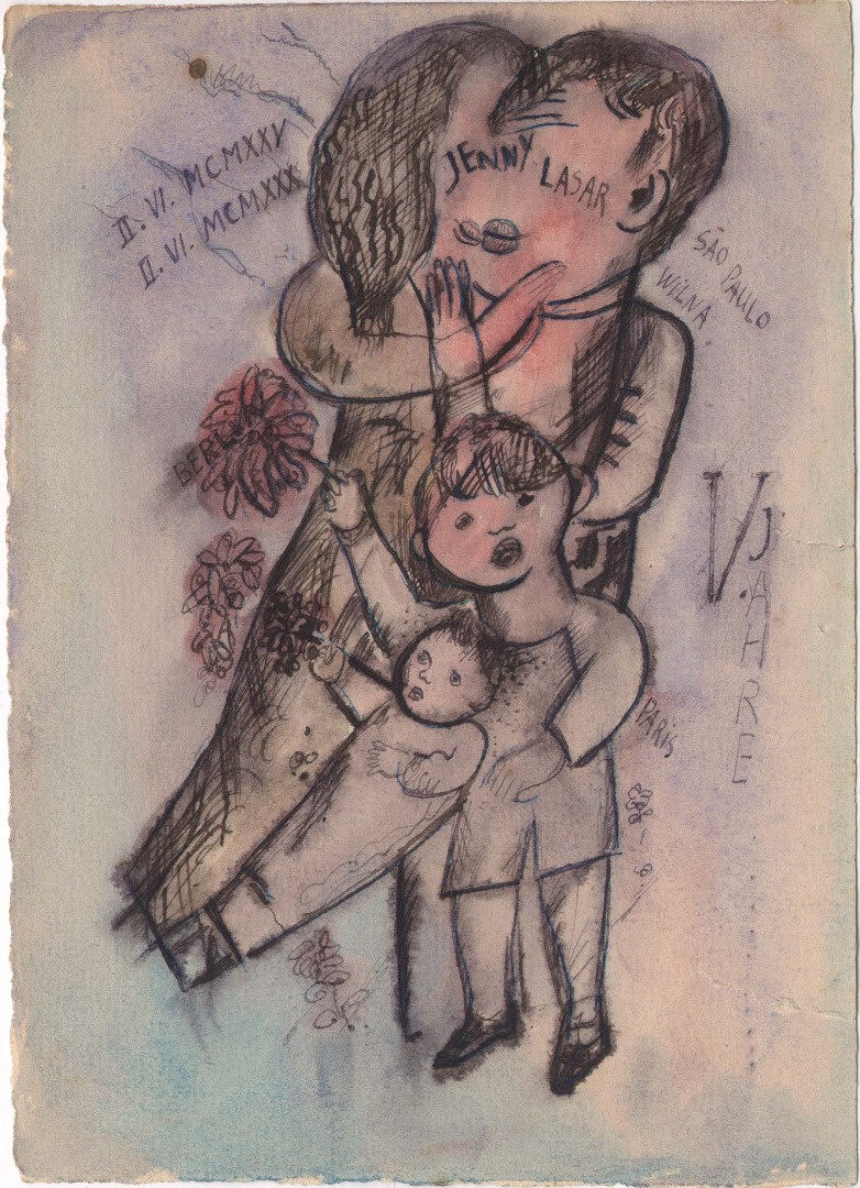 Cartão comemorativo dos cinco anos de casamento de Jenny e Lasar, retratando o casal e os filhos Mauricio e Oscar, 1930