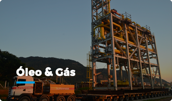 Imagem com a visualização de equipamento do setor de óleo & gás sendo levado até uma zona portuária. Ao clicar leva para a página de óleo & gás