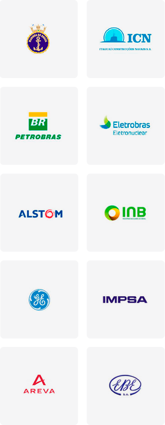 Visão da imagem com a junção de todas as logomarcas das empresas das quais a Nuclep atende. Sendo: Marinha, ICN, Petrobras, Eletronuclear, Alstom, INB, GE, IMPSA, AREVA e IBE