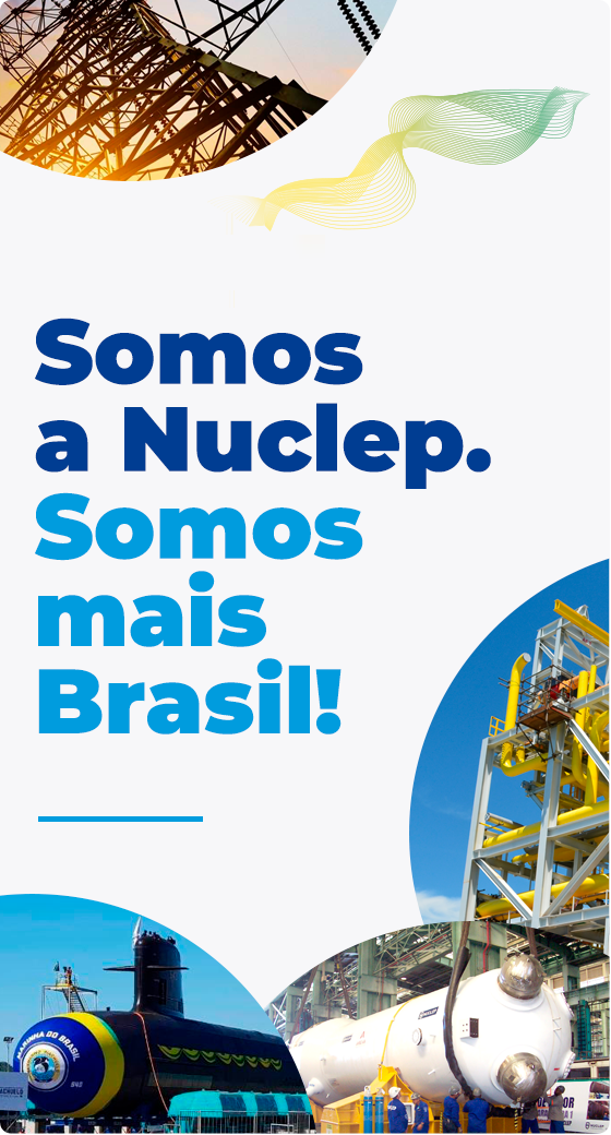 Banner principal do site com o texto: Somos a Nuclep, Somos mais Brasil. Atrás a imagem descrevendo os setores que a Nuclep atende, tais como: Defesa, Nuclear, Energia e Óleo & Gás.