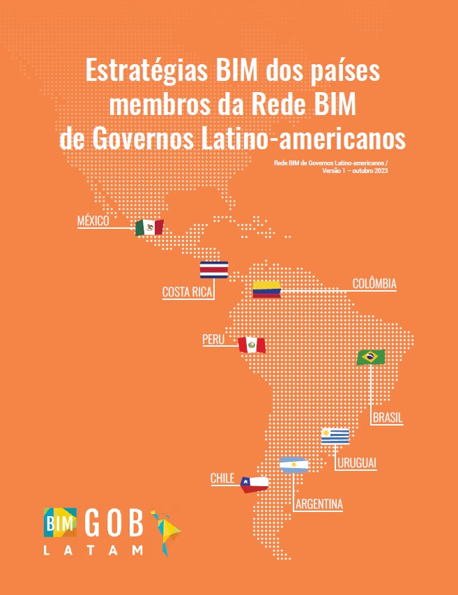 Capa do documento Rede BIM Gov LATAM, com imagem da América Latina com bandeiras dos países.