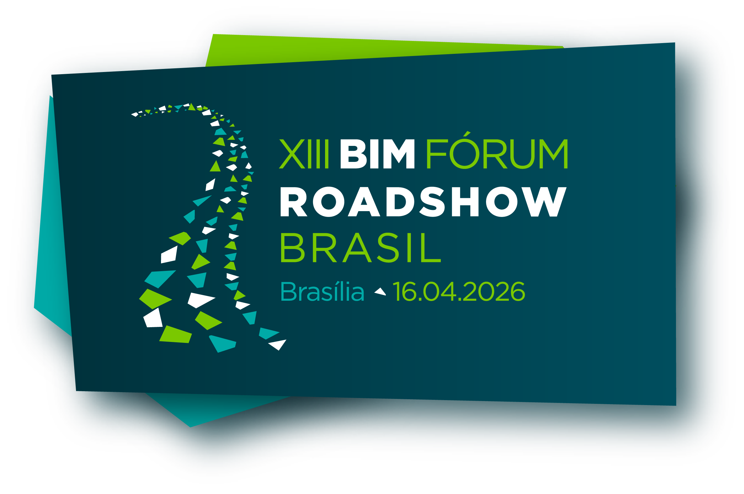Logotivo do evento BIM Fórum Roadshow Brasil. Retângulos em tons de verde, com um desenho de um caminho formato de trilha.