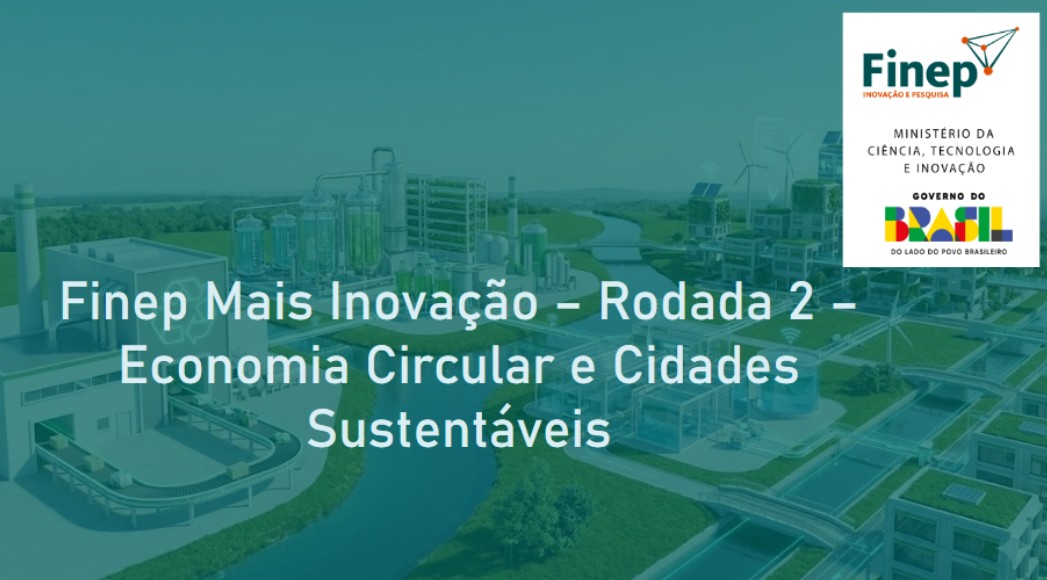 Imagem com fundo azul representando uma cidade com o título da Chamada em letras brancas, contém a logo da FINEP e do MCTI.