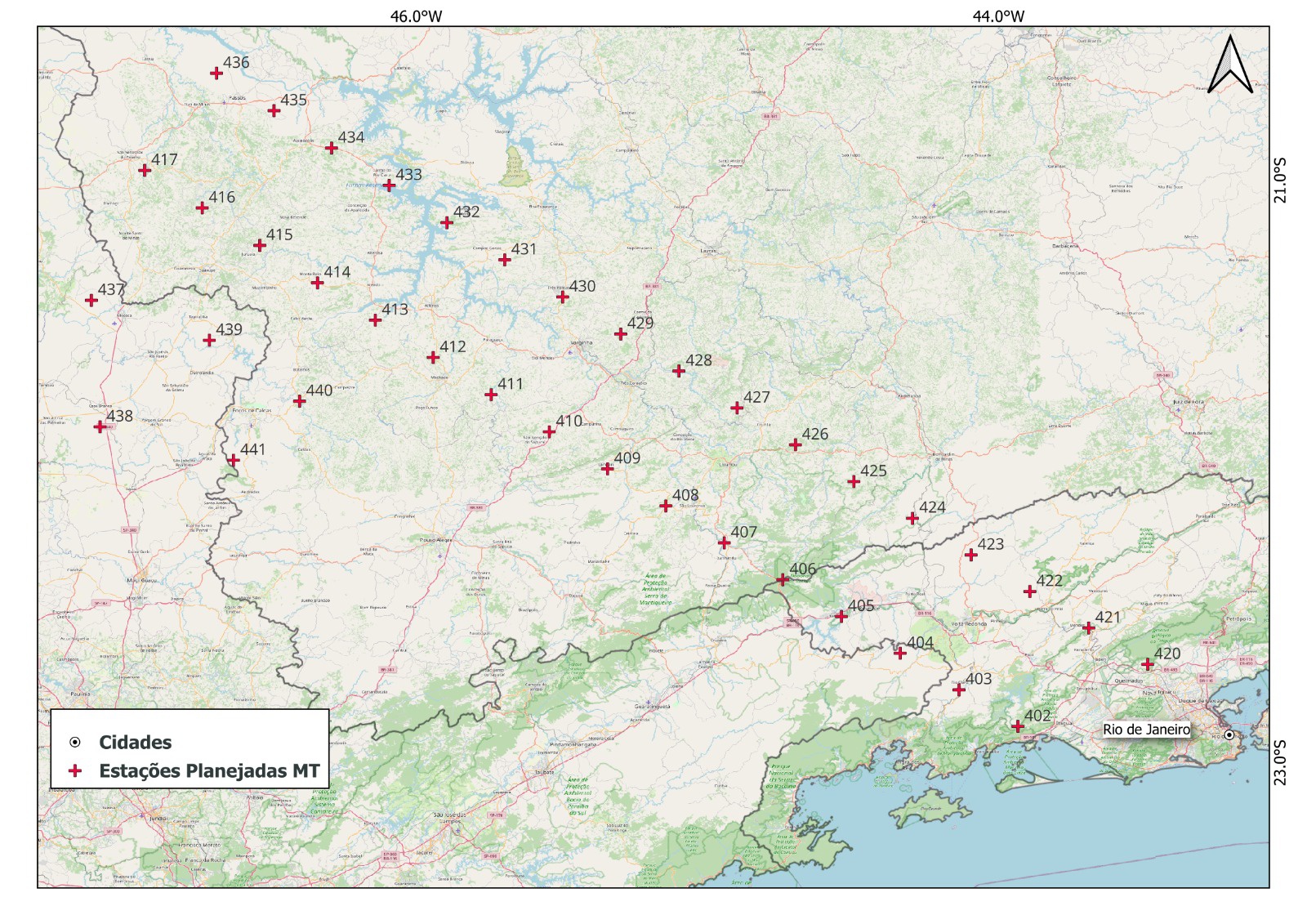 Localização das estações planejadas para coleta de dados