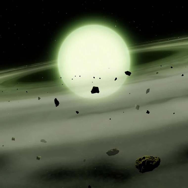 A anã branca fria WD J1330+6435 atraiu e acumulou material rochoso rico em sódio de seu sistema planetário em sua atmosfera. A alta densidade atmosférica faz com que o sódio absorva a luz em uma ampla faixa de comprimentos de onda de amarelo, laranja e vermelho, conferindo à WD J1330+6435 uma aparência em tom verde. Fonte: Mark A. Garlick/Universidade de Warwick.